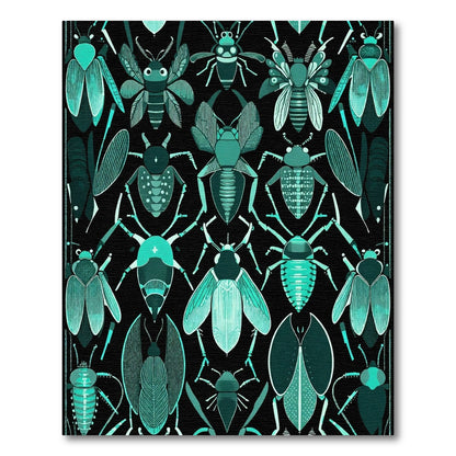 Teal Insect Collage Black Background Rug