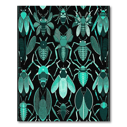 Teal Insect Collage Black Background Rug