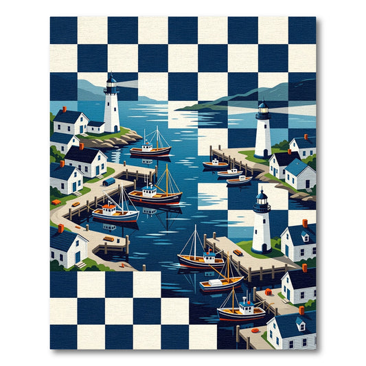 Coastal Harbor Nautical Checkerboard Scene Rug