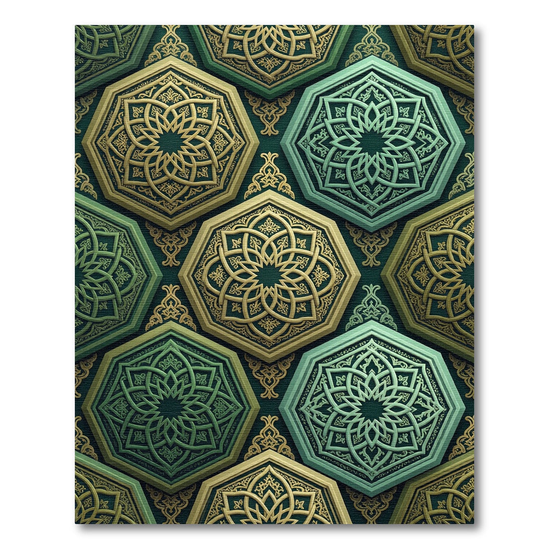 Elegant Gold and Emerald Geometric Hexagon Rug