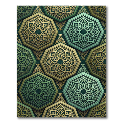 Elegant Gold and Emerald Geometric Hexagon Rug