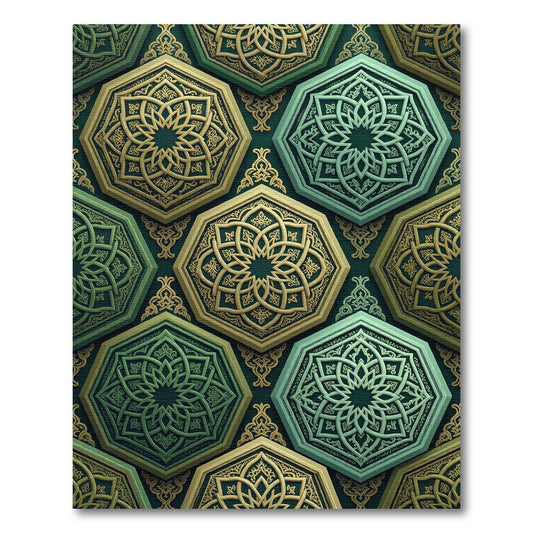 Elegant Gold and Emerald Geometric Hexagon Rug