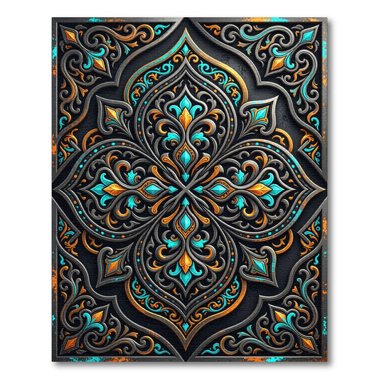 Ornate Gold and Turquoise Filigree Medallion Rug