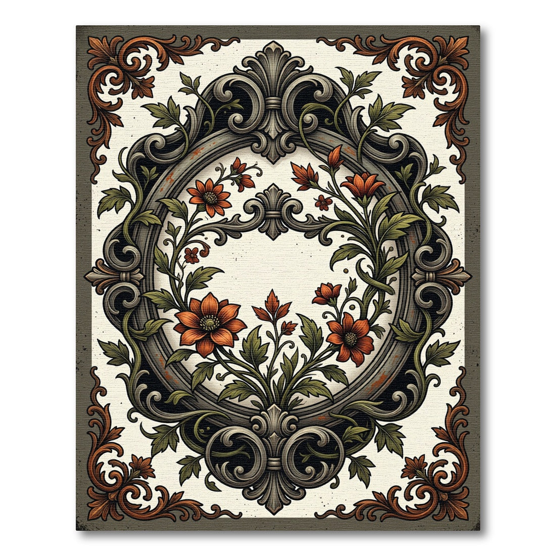 Antique Orange Floral Baroque Frame Rug