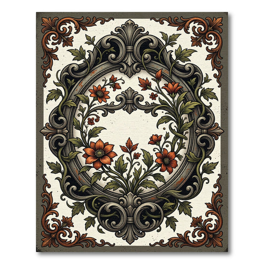 Antique Orange Floral Baroque Frame Rug