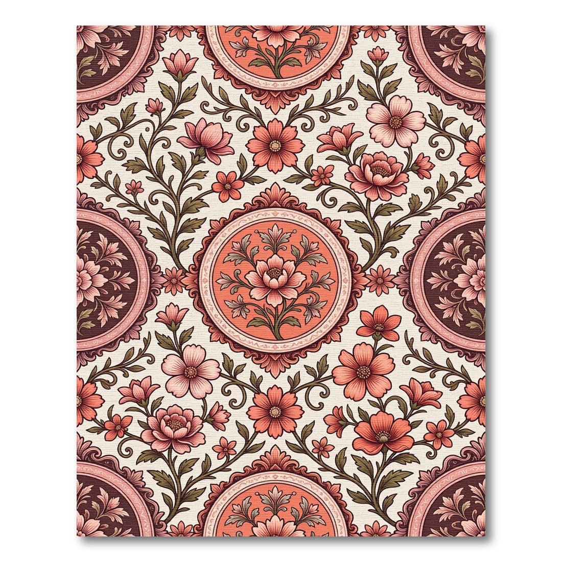 Coral Pink Floral Scroll Medallion Rug