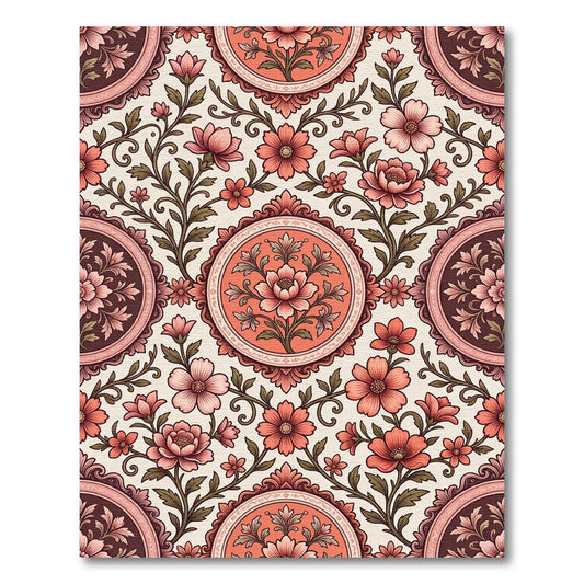 Coral Pink Floral Scroll Medallion Rug