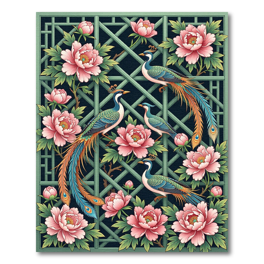 Elegant Peacock and Peony Lattice Rug
