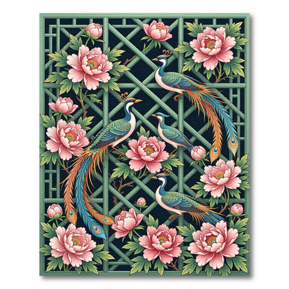 Elegant Peacock and Peony Lattice Rug