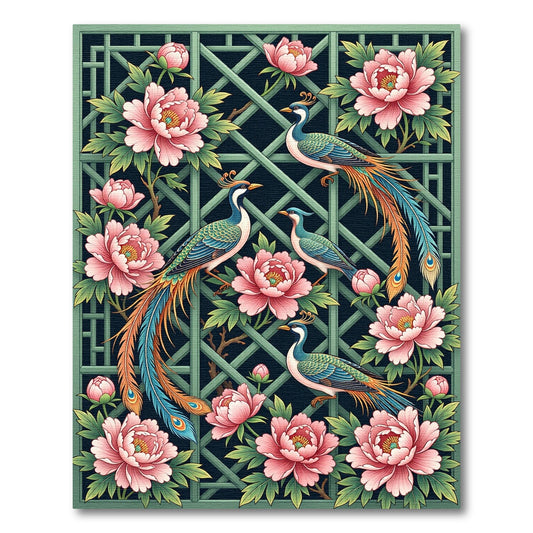 Elegant Peacock and Peony Lattice Rug