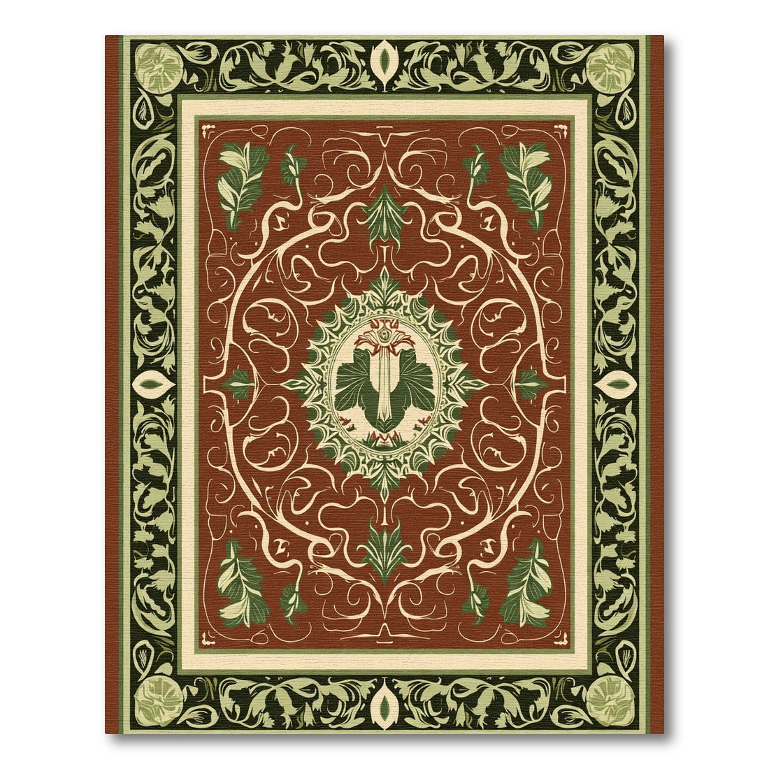 Rustic Red Green Floral Medallion Rug