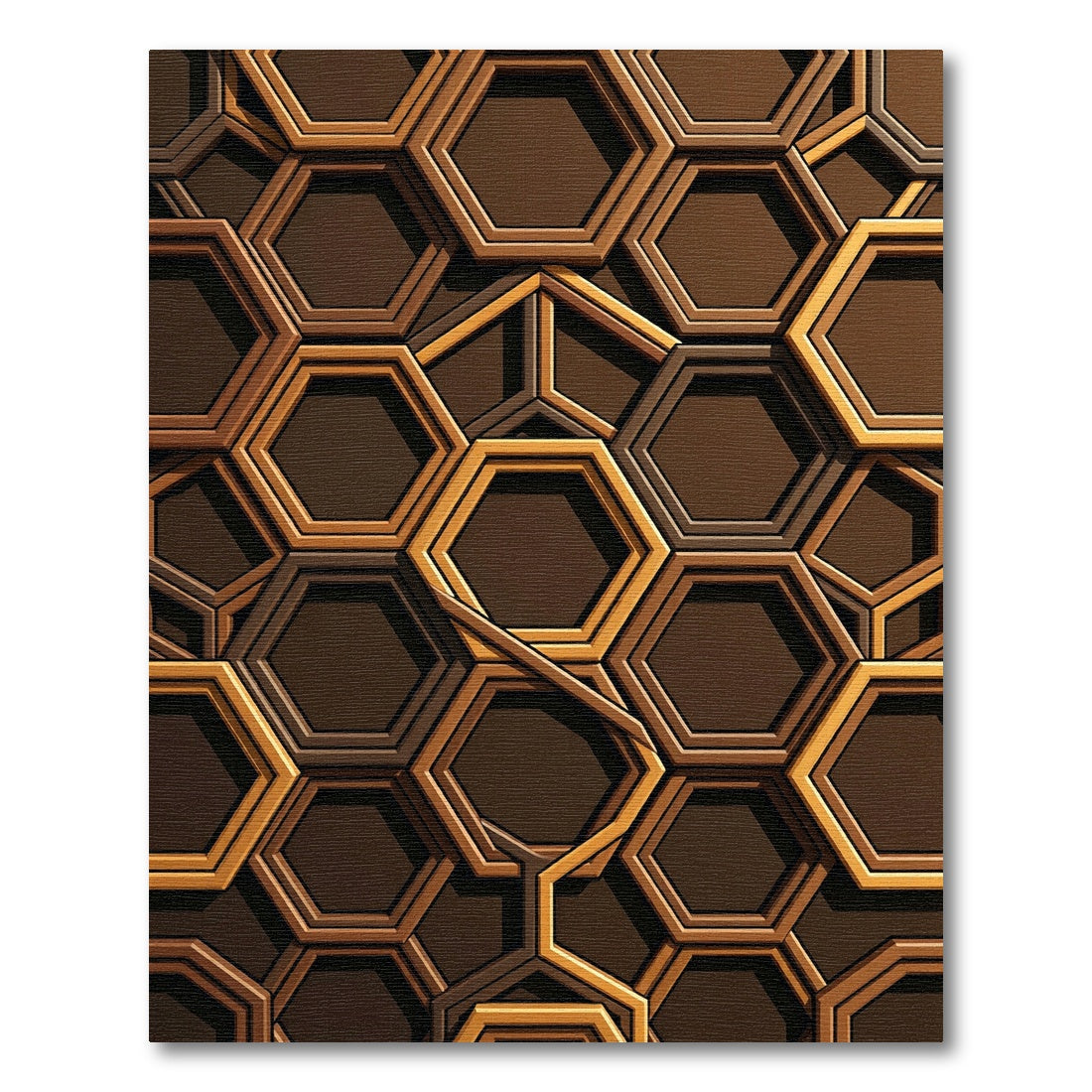 Rich Brown Golden Hexagon Grid Rug