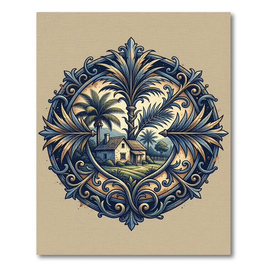 Ornate Blue Tropical Landscape Medallion Rug