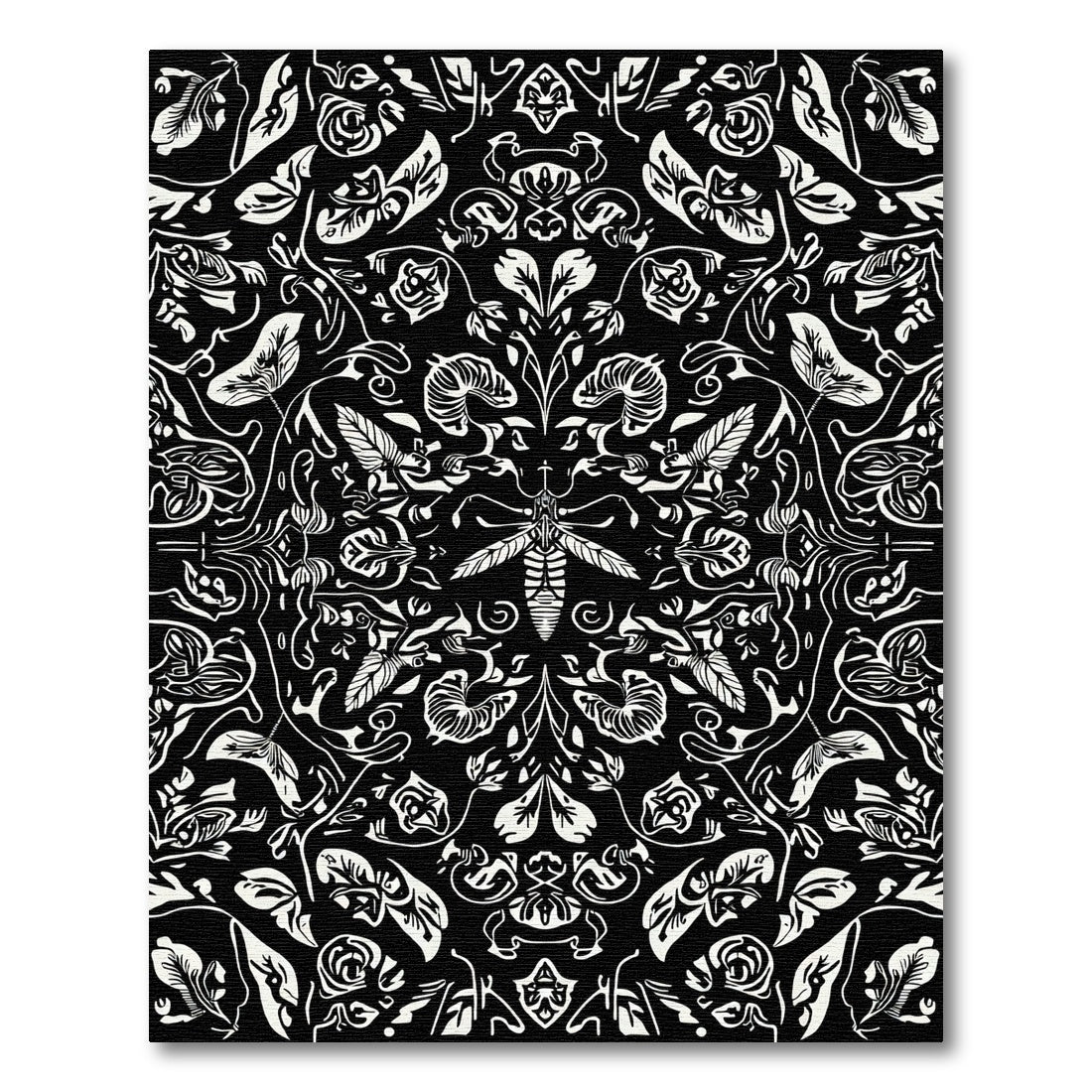 Monochromatic Black White Insect Floral Rug