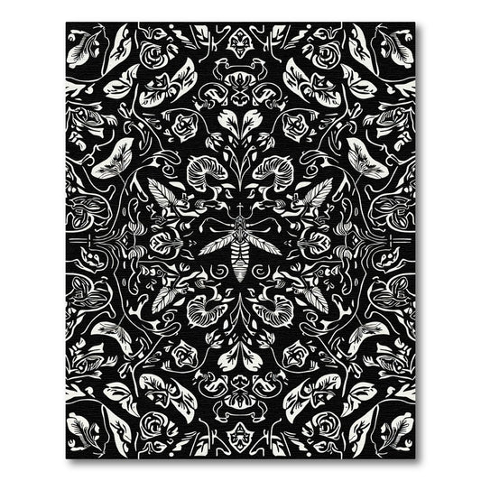 Monochromatic Black White Insect Floral Rug