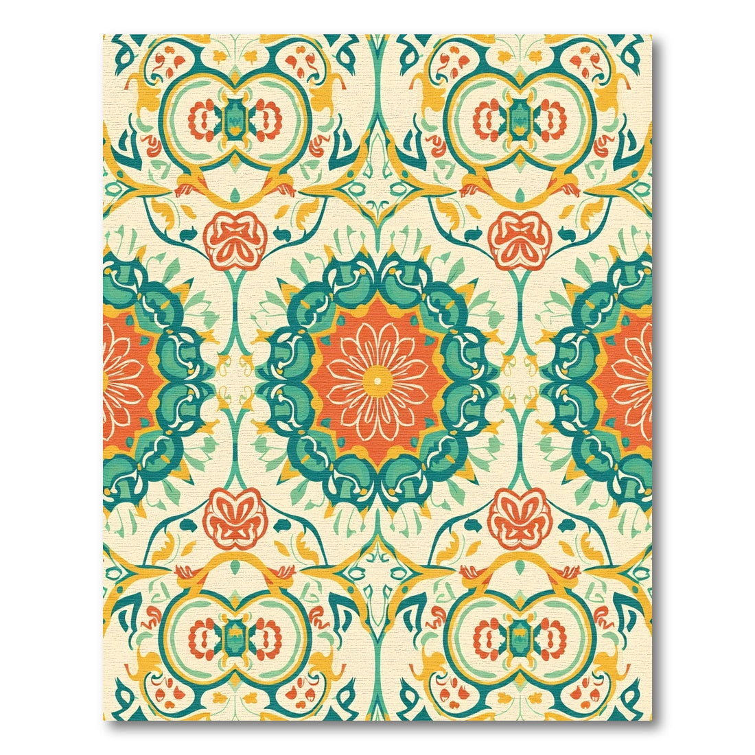 Orange Teal Floral Medallion Cream Background Rug