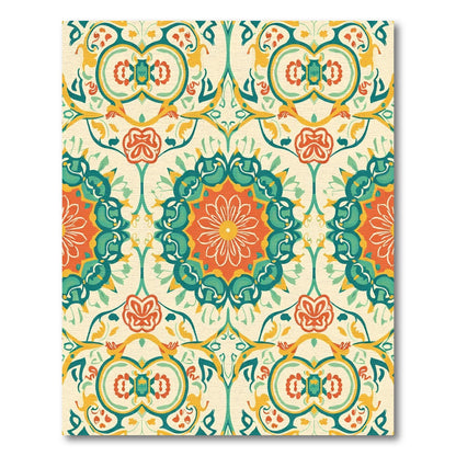 Orange Teal Floral Medallion Cream Background Rug