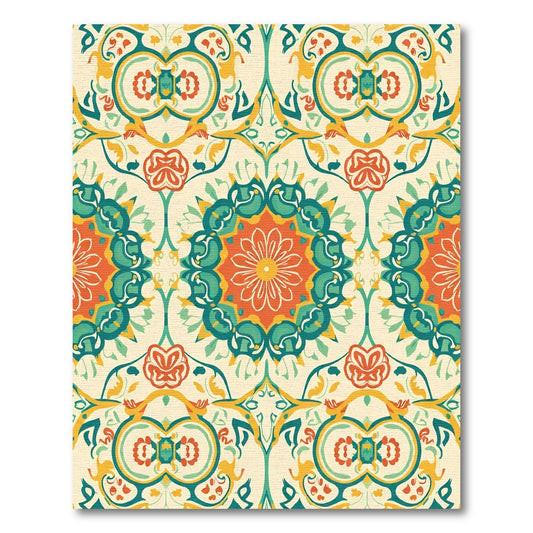 Orange Teal Floral Medallion Cream Background Rug