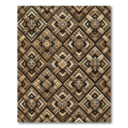 Tribal Mask Geometric Wood Relief Rug