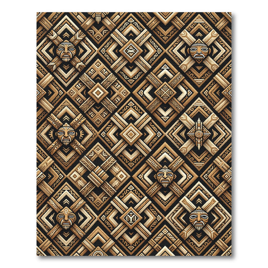 Tribal Mask Geometric Wood Relief Rug
