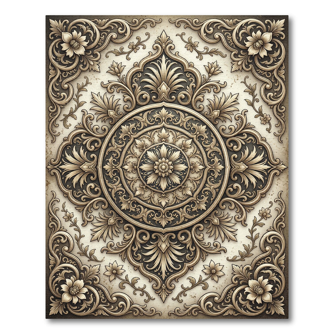 Antique Gold Floral Medallion Square Rug
