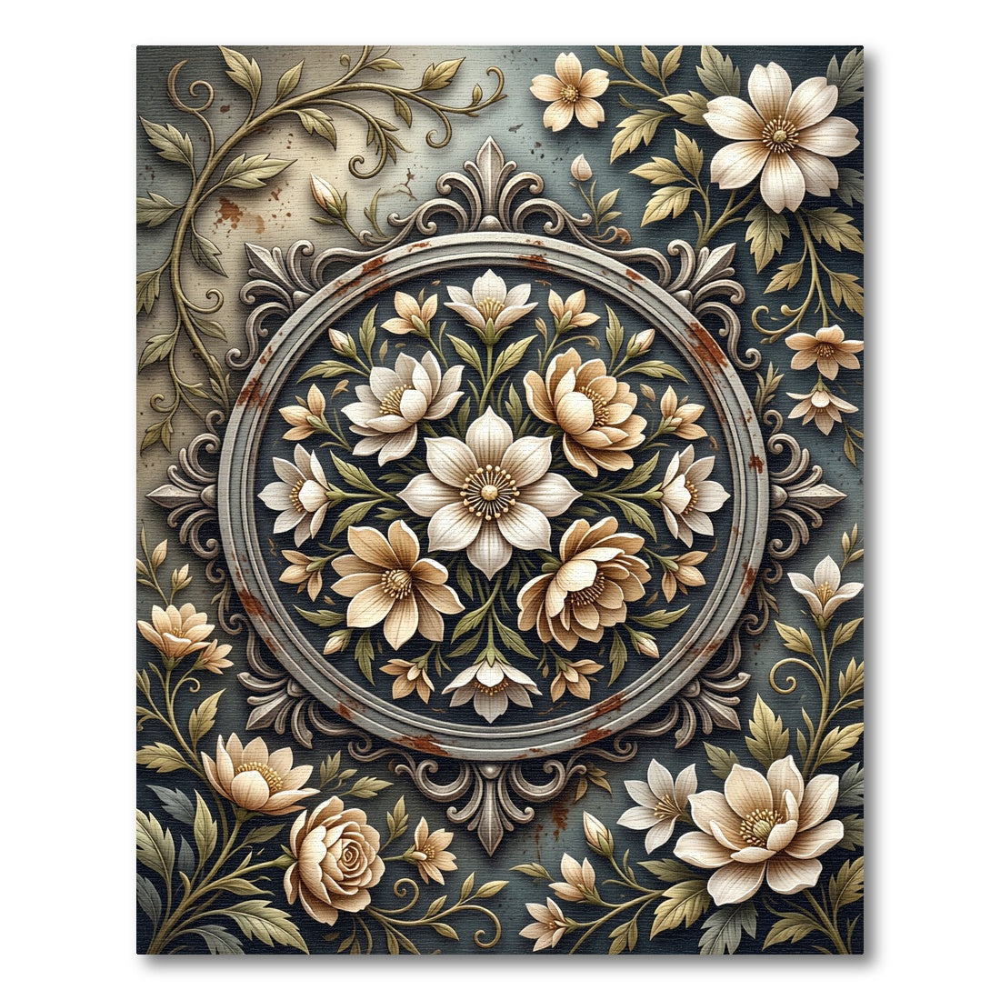 Cream Floral Medallion Scrollwork Rug