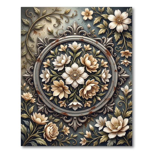 Cream Floral Medallion Scrollwork Rug