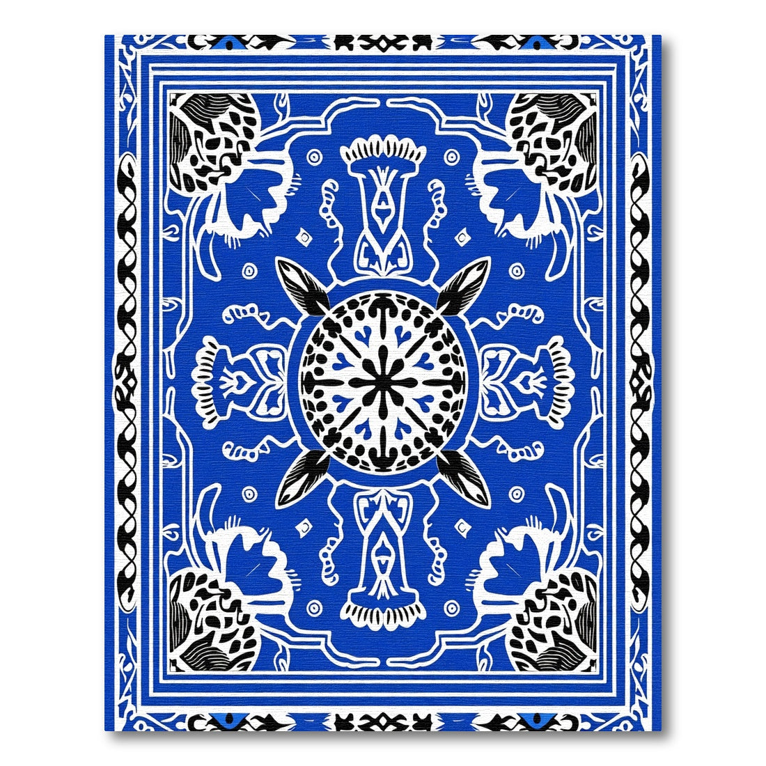 Vibrant Blue Floral Medallion Contrast Rug