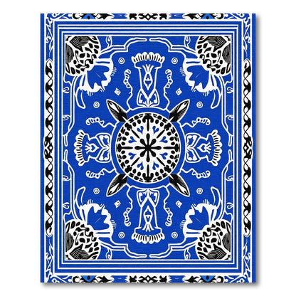 Vibrant Blue Floral Medallion Contrast Rug