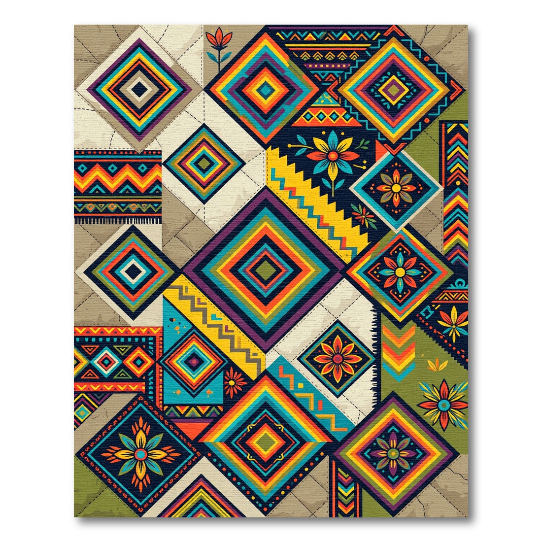 Vibrant Geometric Square Floral Fiesta Rug