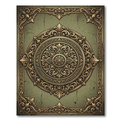 Ornate Olive Gold Filigree Medallion Rug