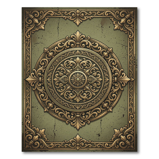 Ornate Olive Gold Filigree Medallion Rug