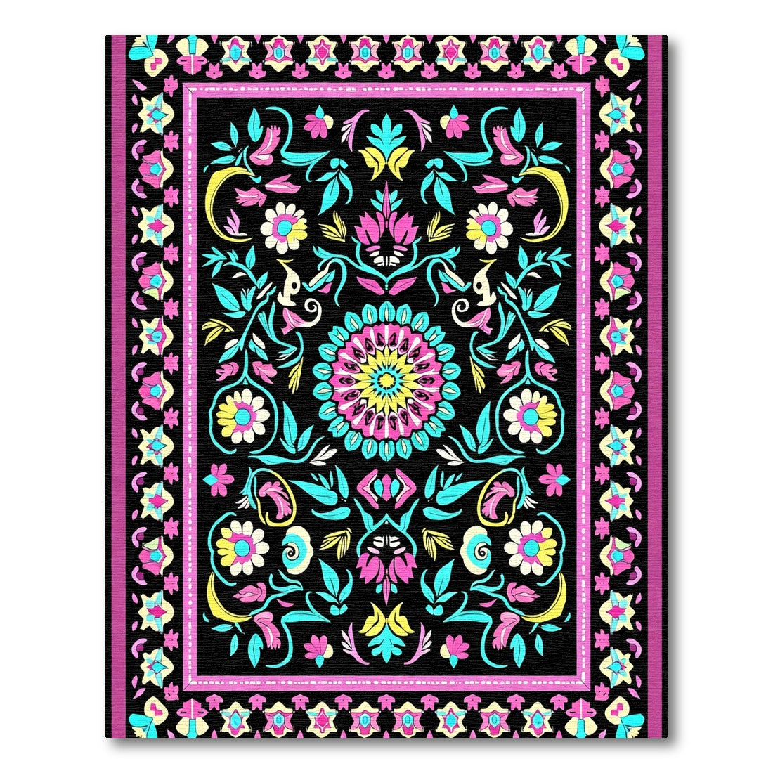 Bold Black Floral Medallion Pink Aqua Rug