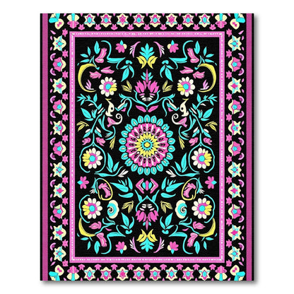 Bold Black Floral Medallion Pink Aqua Rug
