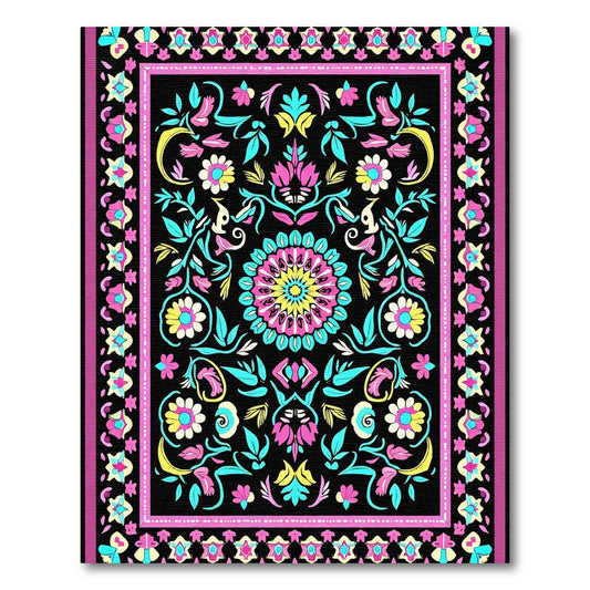 Bold Black Floral Medallion Pink Aqua Rug