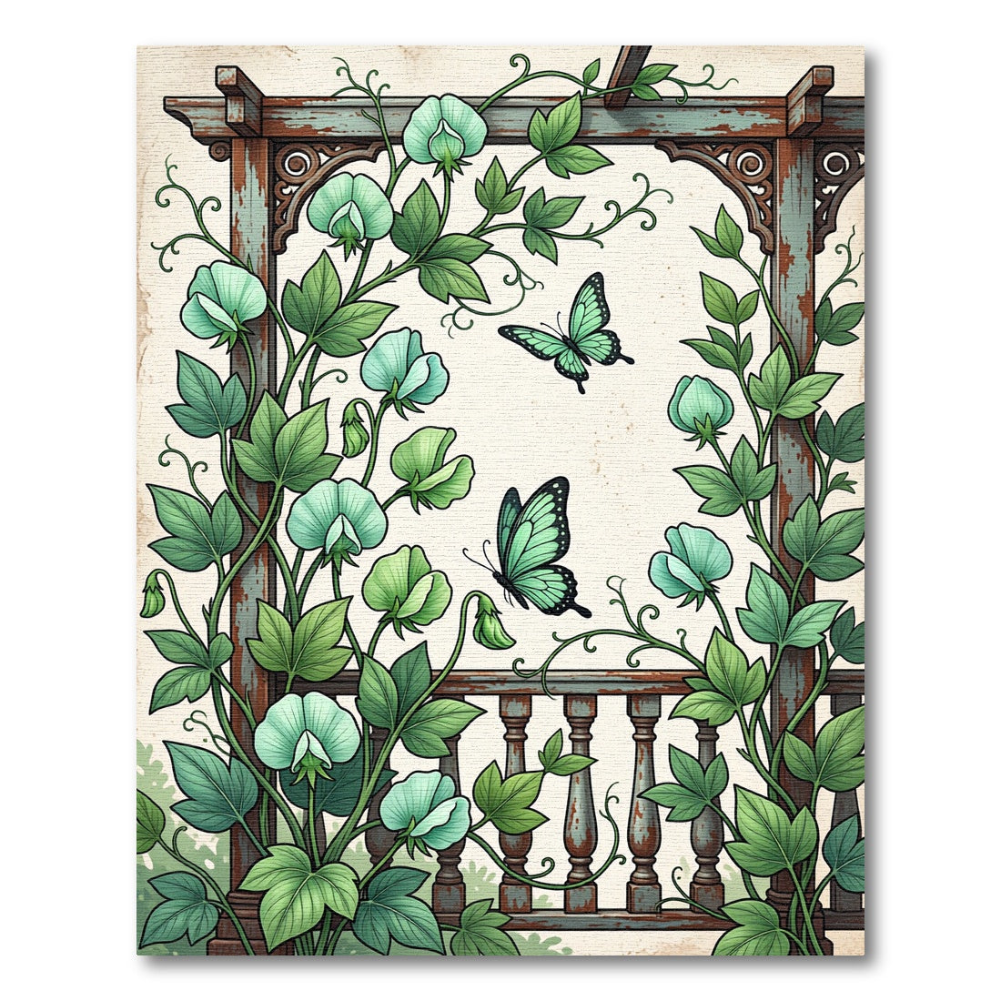 Vintage Mint Floral Butterfly Trellis Rug
