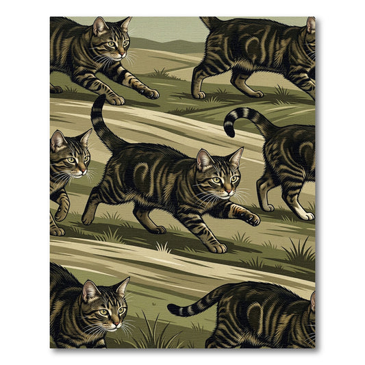 Tabby Cats Running Through Green Hills Rug