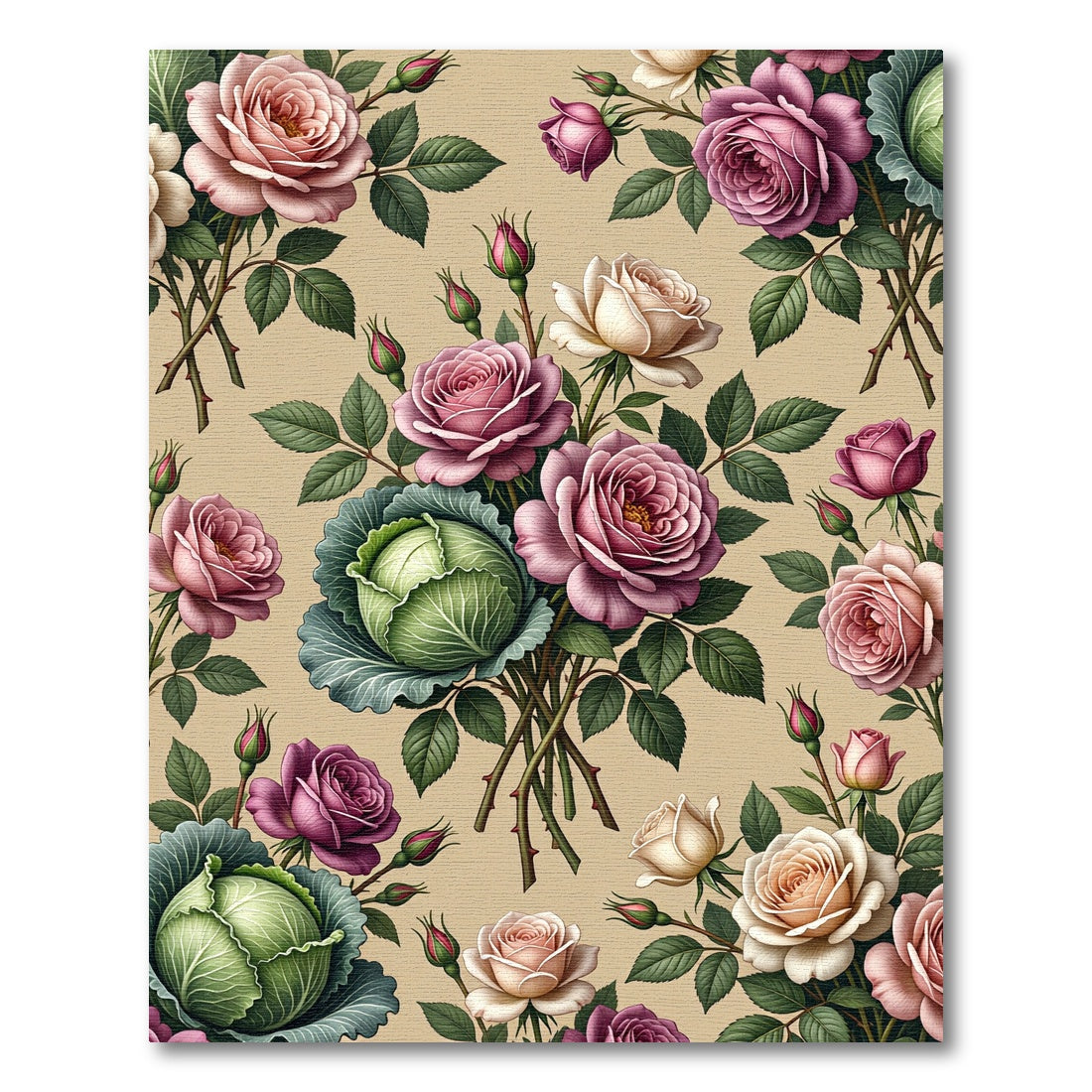 Botanical Rose and Cabbage Garden Bouquet Rug