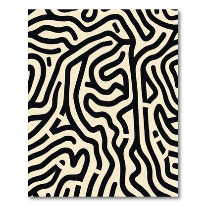 Abstract Black Cream Maze Lines Rug