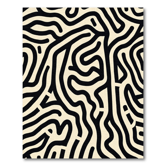 Abstract Black Cream Maze Lines Rug