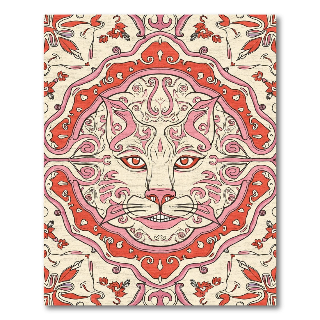 Ornate Cat Floral Red Pink Accents Rug