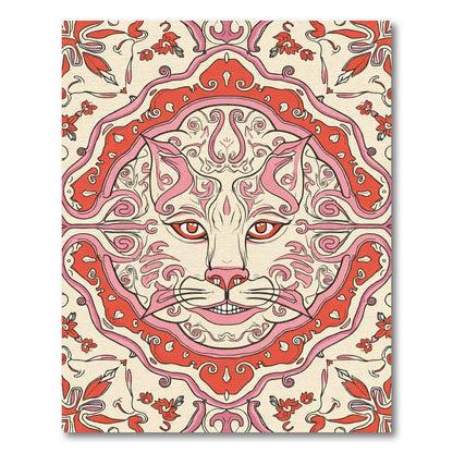 Ornate Cat Floral Red Pink Accents Rug