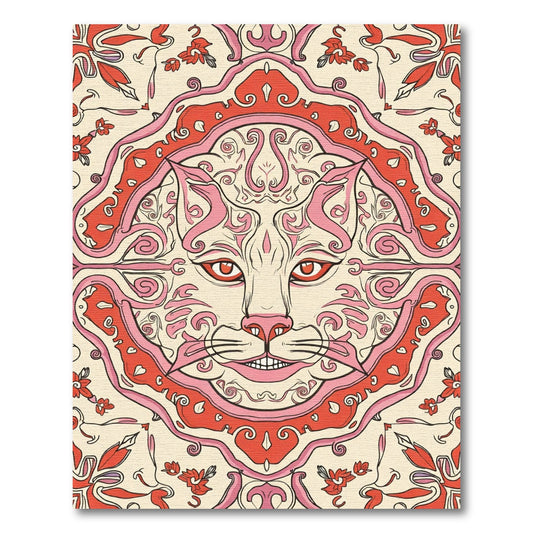 Ornate Cat Floral Red Pink Accents Rug