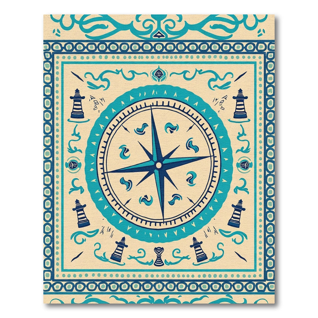 Nautical Compass Lighthouse Border Rug