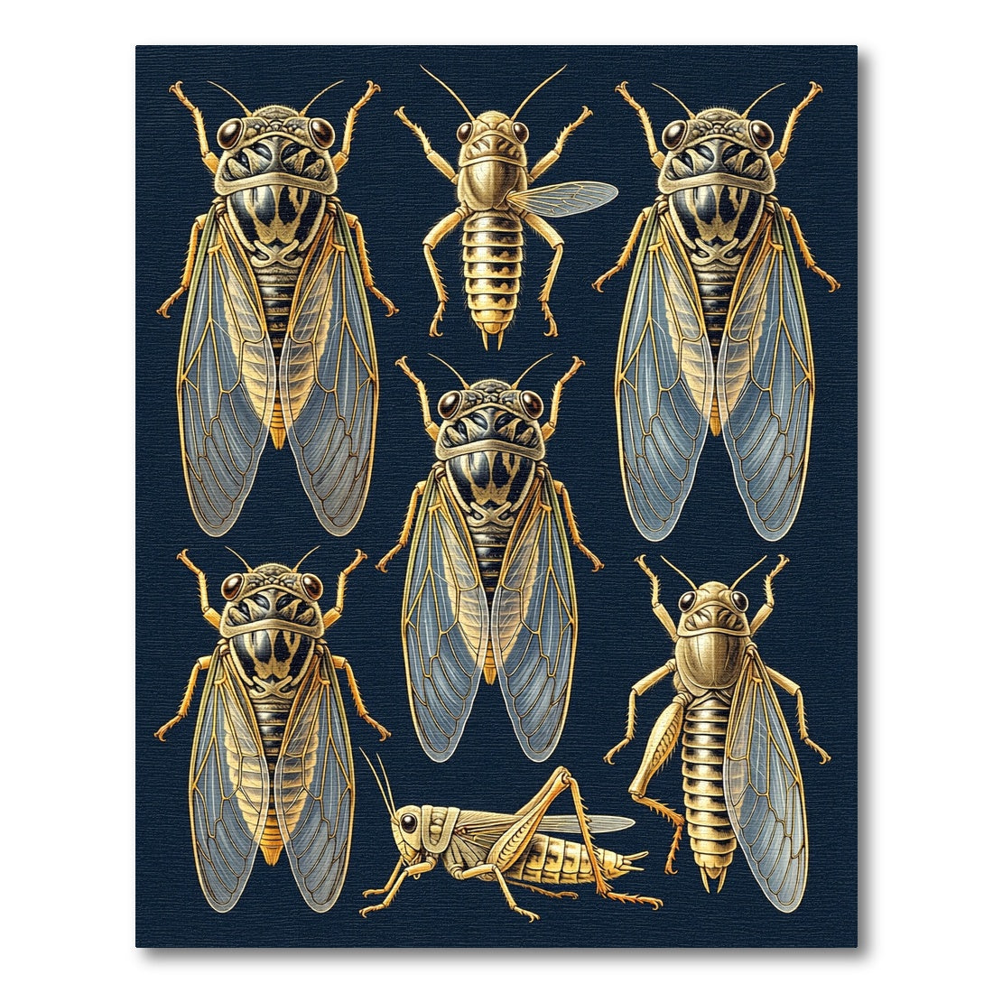 Golden Entomological Cicada Insect Grid Rug