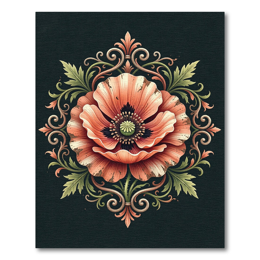 Antique Peach Poppy Scroll Medallion Rug