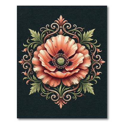 Antique Peach Poppy Scroll Medallion Rug
