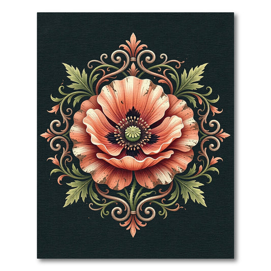 Antique Peach Poppy Scroll Medallion Rug