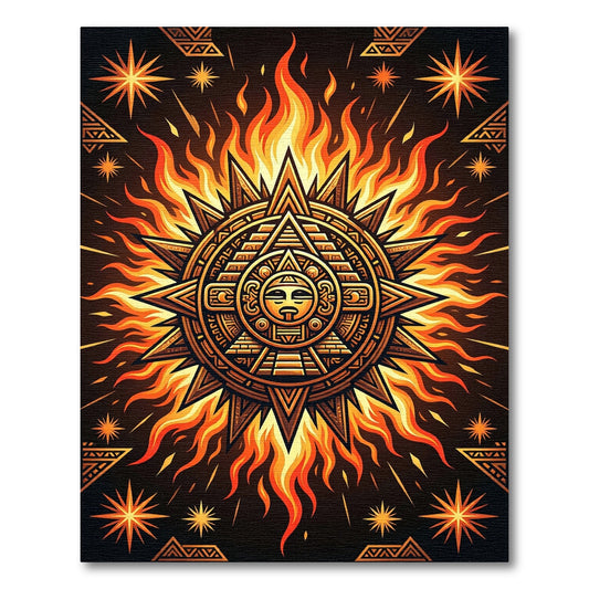 Fiery Aztec Sun Temple Gold Illustration Rug