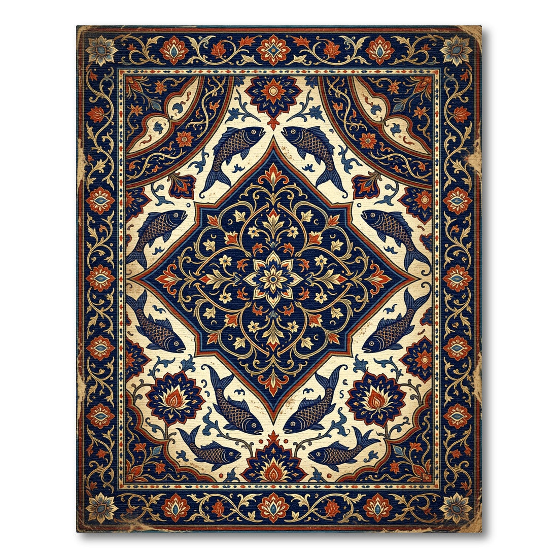 Intricate Navy Floral Koi Fish Medallion Rug